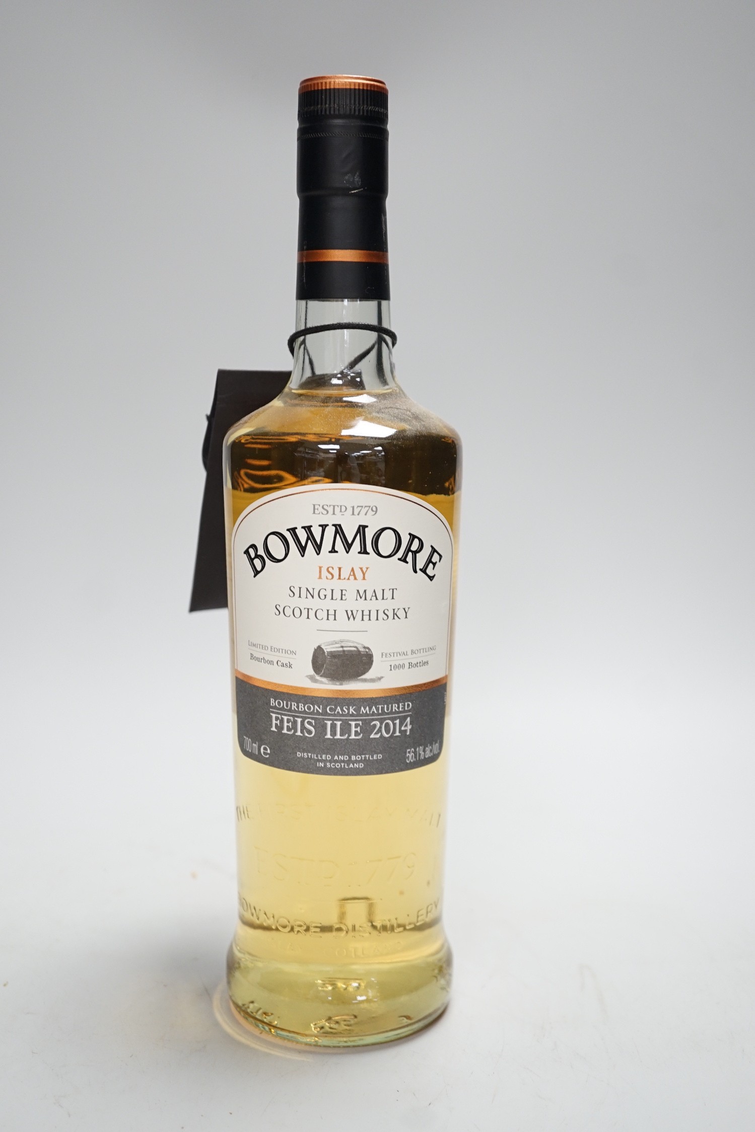 A bottle of Bowmore Feis Ile 2014 single malt whisky